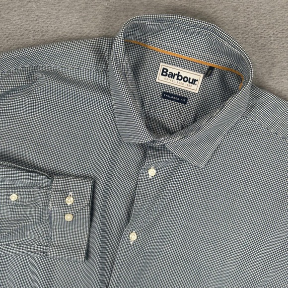 Barbour Other - Barbour‎ Shirt Mens XL Tailored Fit Navy Blue Highfield Micro Gingham Preppy EUC